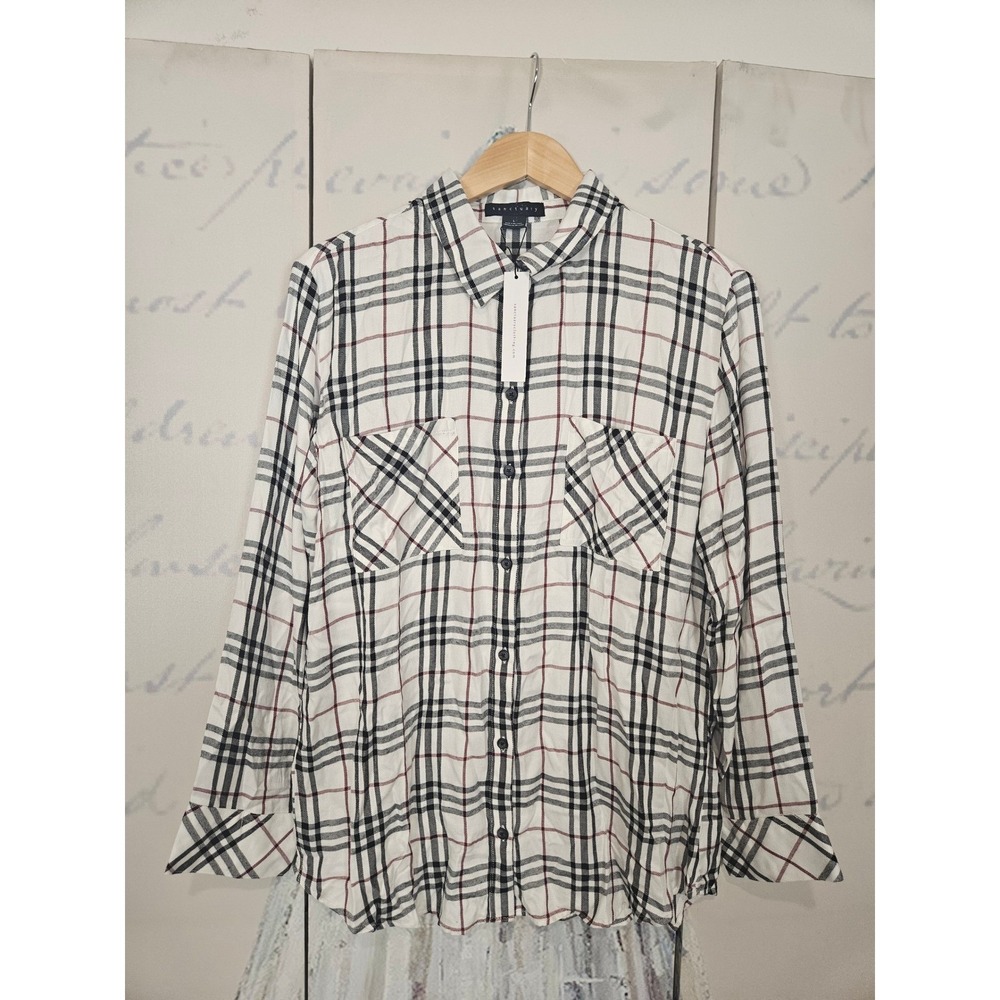 NWT Sanctuary Womens Plaid Button Down Shirt White Black Burgundy Rayon‎ Larnge